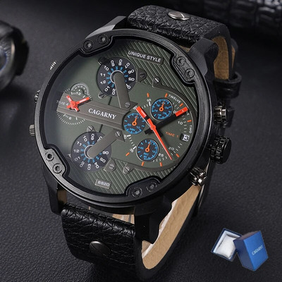 Meeste Luksuskell Lahe suure korpusega kvartskell meestele 2 ajavööndiga meeste käekellad Nahast vabaaja sõjaline Reloj Hombre meeskell