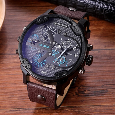 Meeste Luksuskell Lahe suure korpusega kvartskell meestele 2 ajavööndiga meeste käekellad Nahast vabaaja sõjaline Reloj Hombre meeskell