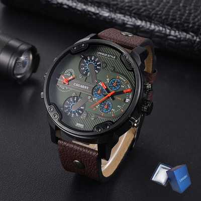 Meeste Luksuskell Lahe suure korpusega kvartskell meestele 2 ajavööndiga meeste käekellad Nahast vabaaja sõjaline Reloj Hombre meeskell