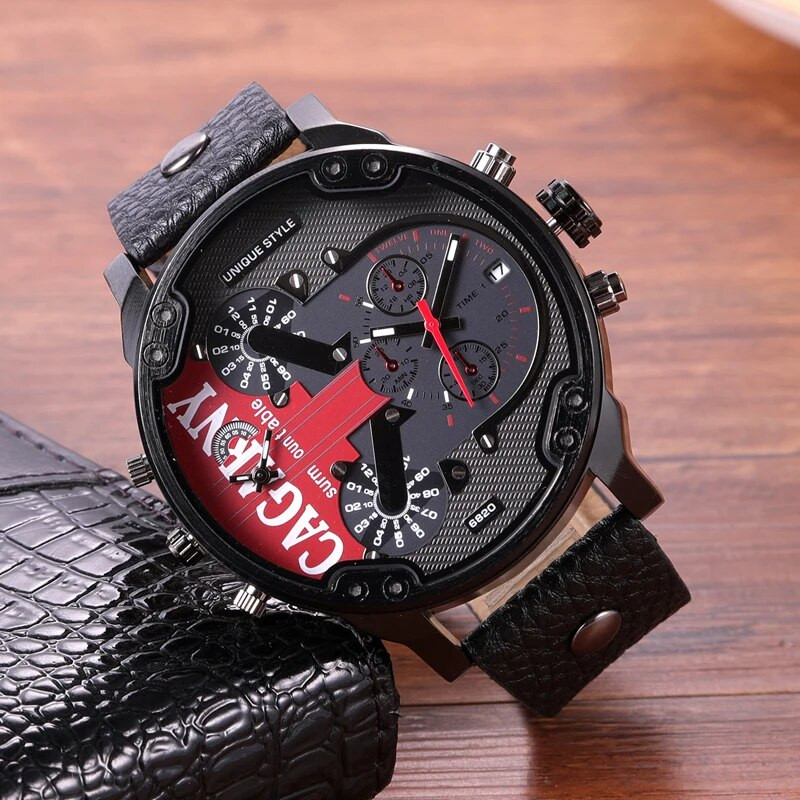 Meeste Luksuskell Lahe suure korpusega kvartskell meestele 2 ajavööndiga meeste käekellad Nahast vabaaja sõjaline Reloj Hombre meeskell