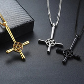 PENTAGRAMĂ ÎN CRUCE INVERSATĂ 5 COLțUL PENDANT OȚEL INOX BIJUTERII SATANIC BĂRBAȚI