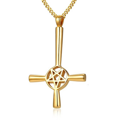 PENTAGRAMĂ ÎN CRUCE INVERSATĂ 5 COLțUL PENDANT OȚEL INOX BIJUTERII SATANIC BĂRBAȚI