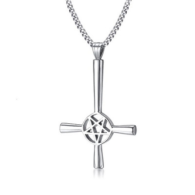PENTAGRAMĂ ÎN CRUCE INVERSATĂ 5 COLțUL PENDANT OȚEL INOX BIJUTERII SATANIC BĂRBAȚI