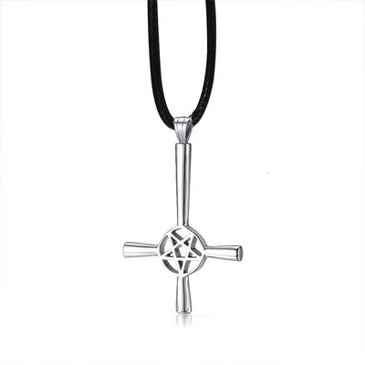 PENTAGRAMĂ ÎN CRUCE INVERSATĂ 5 COLțUL PENDANT OȚEL INOX BIJUTERII SATANIC BĂRBAȚI