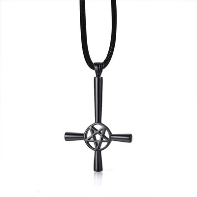 PENTAGRAMĂ ÎN CRUCE INVERSATĂ 5 COLțUL PENDANT OȚEL INOX BIJUTERII SATANIC BĂRBAȚI