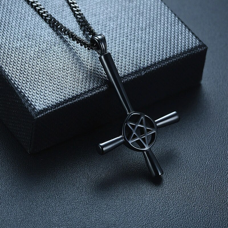 AUKŠTAS KRYŽIAMAS PENTAGRAMAS 5 TAŠIŲ NERŪDIJANČIO PLIENO pakabukas VYRŲ PAPUOŠALAI SATANIC