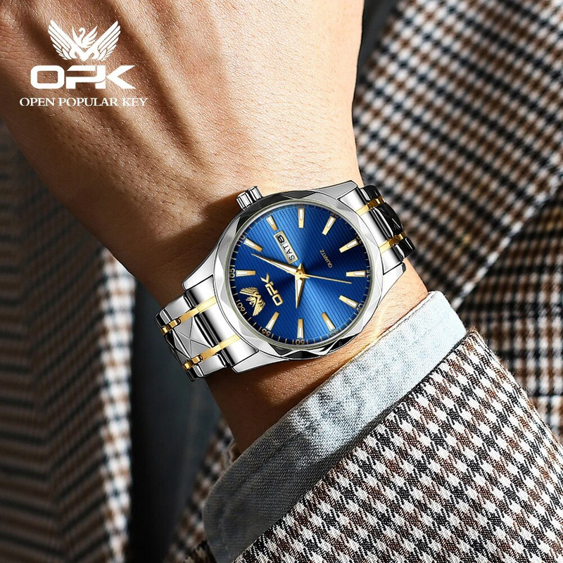 OPK 8164 Originalus kvarcinis vyriškas laikrodis Klasikinis verslo nerūdijančio plieno vandeniui atsparus liuminescencinis laikrodis Madingas Date Week Vyriškas laikrodis