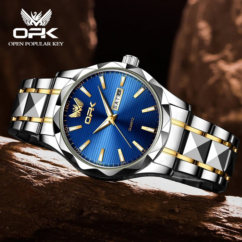 OPK 8164 Originalus kvarcinis vyriškas laikrodis Klasikinis verslo nerūdijančio plieno vandeniui atsparus liuminescencinis laikrodis Madingas Date Week Vyriškas laikrodis