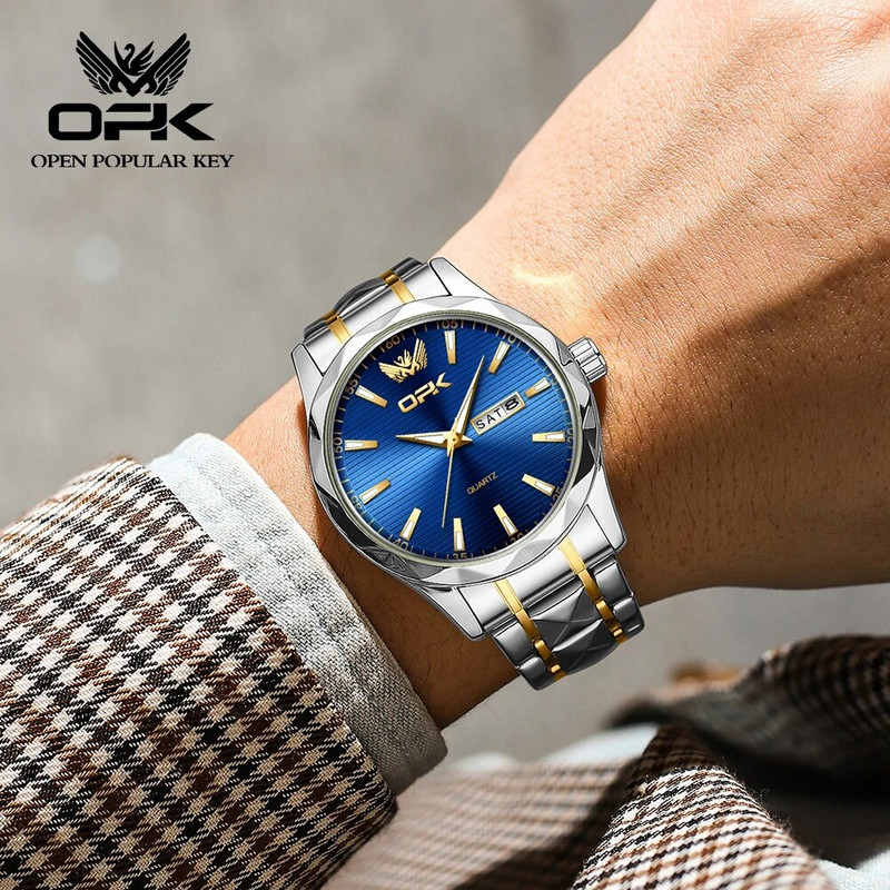 OPK 8164 Originalus kvarcinis vyriškas laikrodis Klasikinis verslo nerūdijančio plieno vandeniui atsparus liuminescencinis laikrodis Madingas Date Week Vyriškas laikrodis