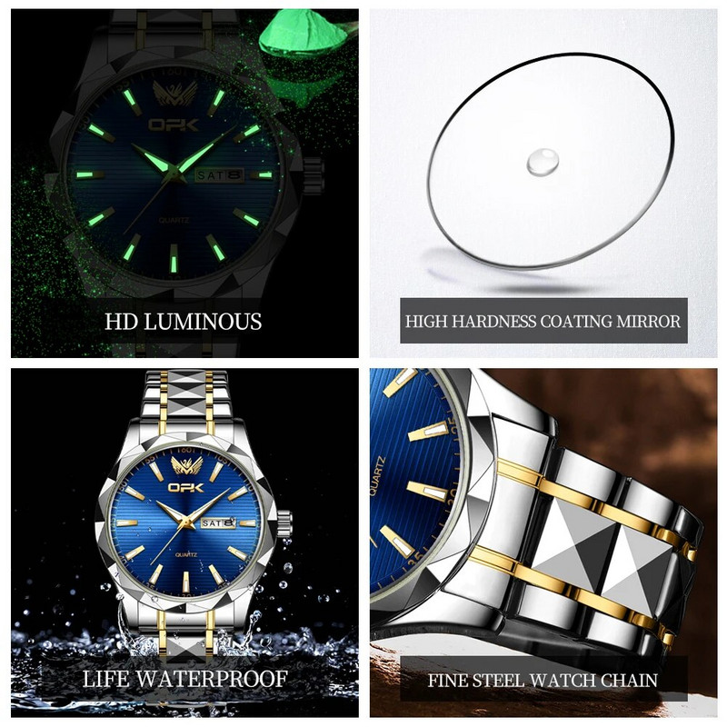 OPK 8164 Originalus kvarcinis vyriškas laikrodis Klasikinis verslo nerūdijančio plieno vandeniui atsparus liuminescencinis laikrodis Madingas Date Week Vyriškas laikrodis