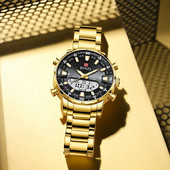 Auksiniai aukščiausios prekės ženklo prabangūs vyriški rankiniai laikrodžiai „Relogio Masculino“ nerūdijančio plieno laikrodis, skirtas vyriškam laikrodžiui, vyriškas dviejų ekranų laikrodis „Dropship“