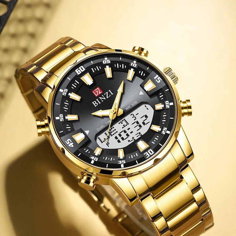 Auksiniai aukščiausios prekės ženklo prabangūs vyriški rankiniai laikrodžiai „Relogio Masculino“ nerūdijančio plieno laikrodis, skirtas vyriškam laikrodžiui, vyriškas dviejų ekranų laikrodis „Dropship“