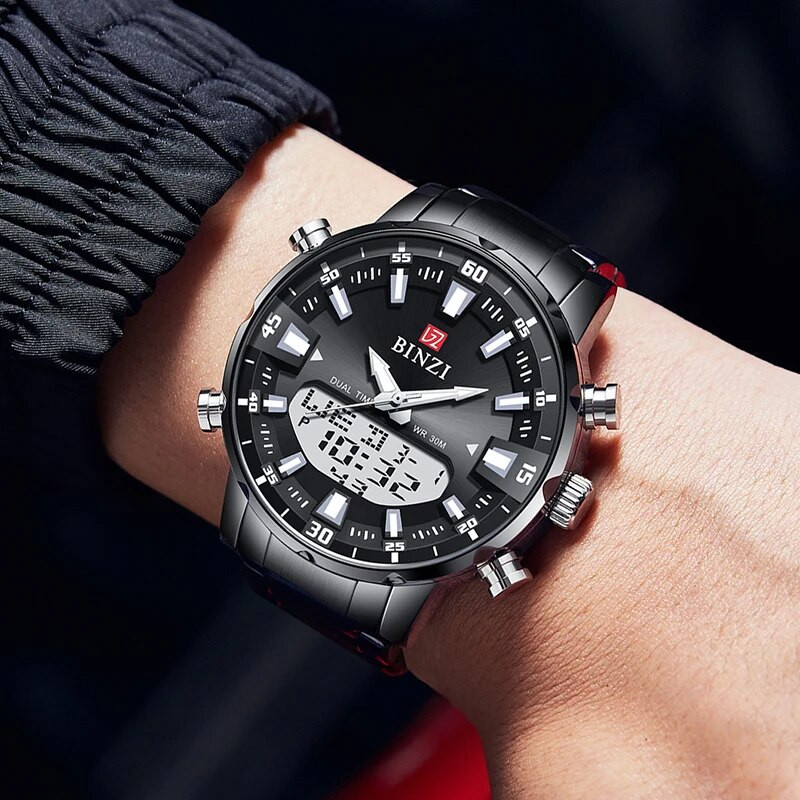 Auksiniai aukščiausios prekės ženklo prabangūs vyriški rankiniai laikrodžiai „Relogio Masculino“ nerūdijančio plieno laikrodis, skirtas vyriškam laikrodžiui, vyriškas dviejų ekranų laikrodis „Dropship“