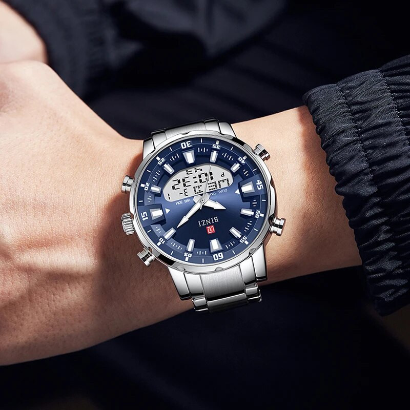 Auksiniai aukščiausios prekės ženklo prabangūs vyriški rankiniai laikrodžiai „Relogio Masculino“ nerūdijančio plieno laikrodis, skirtas vyriškam laikrodžiui, vyriškas dviejų ekranų laikrodis „Dropship“