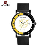 ANANKE vyriški kvarciniai rankiniai laikrodžiai, atsparūs vandeniui ir smūgiams, juodos odinės sagties diržo automatinis pasimatymo laikrodis jaunam vyrui AN03