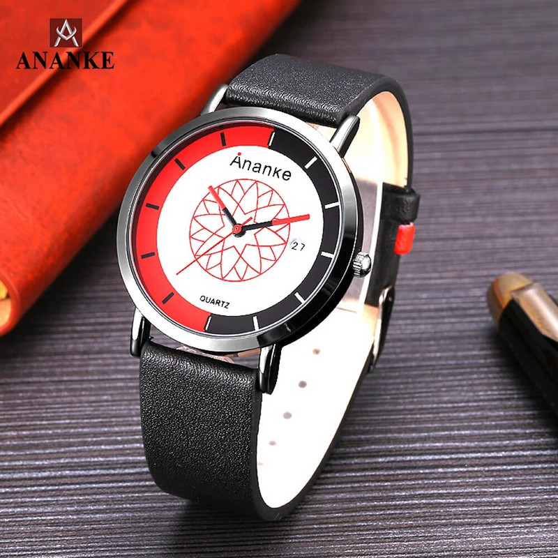 ANANKE vyriški kvarciniai rankiniai laikrodžiai, atsparūs vandeniui ir smūgiams, juodos odinės sagties diržo automatinis pasimatymo laikrodis jaunam vyrui AN03