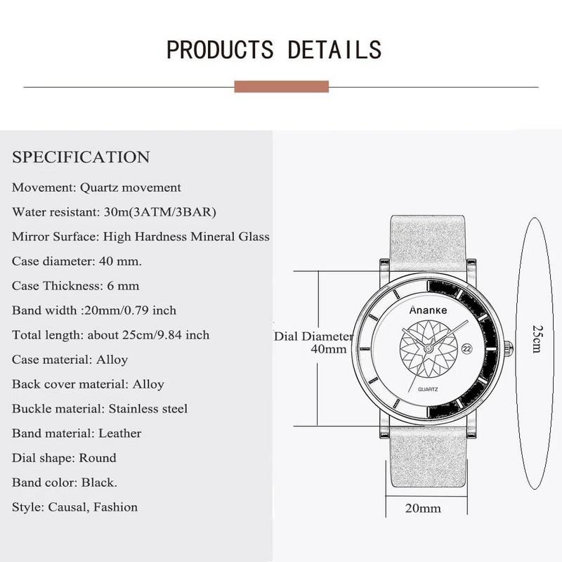 ANANKE vyriški kvarciniai rankiniai laikrodžiai, atsparūs vandeniui ir smūgiams, juodos odinės sagties diržo automatinis pasimatymo laikrodis jaunam vyrui AN03