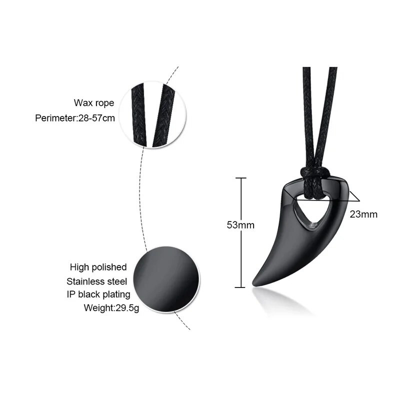 Madingi dominuojantys vyriški pakabukai, reguliuojamos spalvos nerūdijančio plieno vilko dantų genties poliruoti karoliai