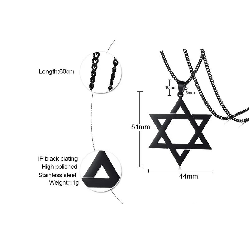 Ανδρικό Κλασικό Κρεμαστό Κολιέ Star of David από ανοξείδωτο ατσάλι Ισραήλ Εβραϊκό κόσμημα 24 ιντσών