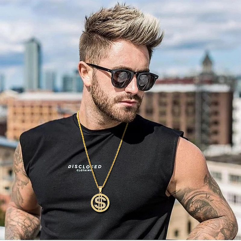 Vnox Heavy Chunky Ogrlica za muškarce, jastučić za dolar od nehrđajućeg čelika zlatne boje s Bling AAA CZ kamenim privjeskom, nakit punk rock dječaka