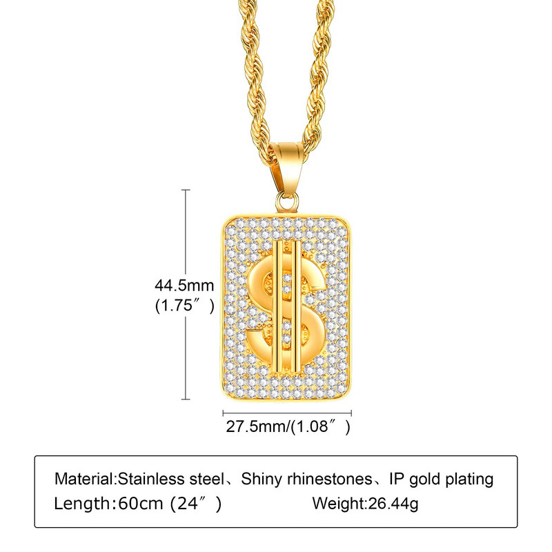 Vnox Heavy Chunky Ogrlica za muškarce, jastučić za dolar od nehrđajućeg čelika zlatne boje s Bling AAA CZ kamenim privjeskom, nakit punk rock dječaka