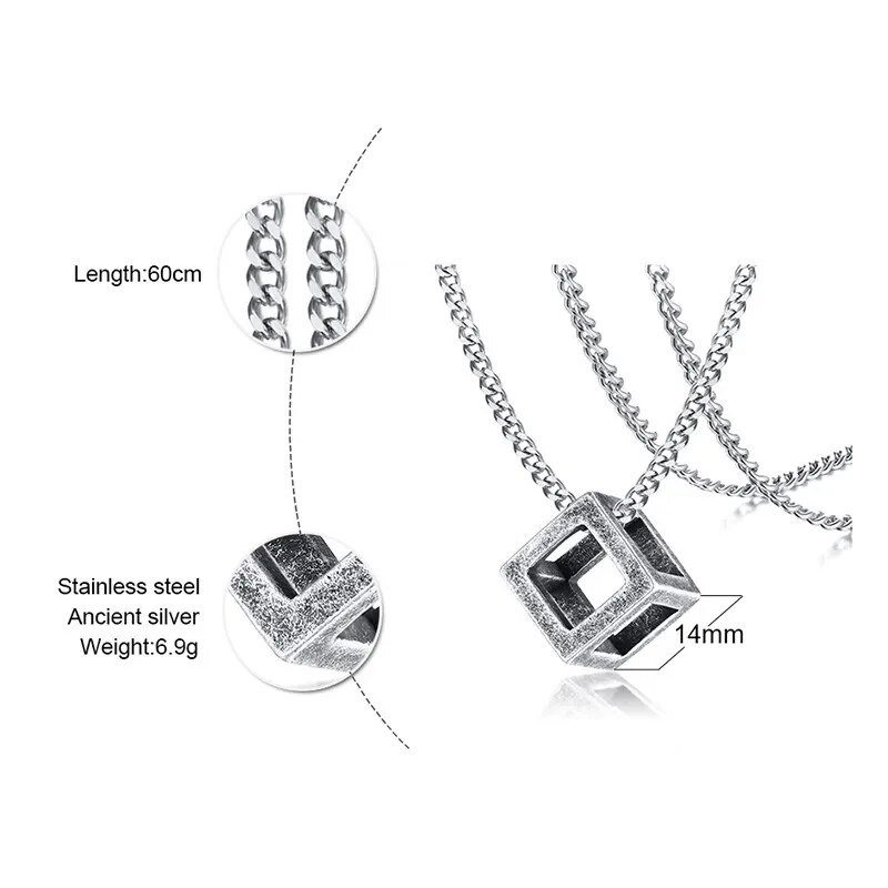 ZORCVENS Punk Vintage Ανδρικό Κολιέ από ανοξείδωτο ατσάλι Κρεμαστό τετράγωνο κοίλο κύβο απλό γεωμετρικό κολιέ για ανδρικό γιακά
