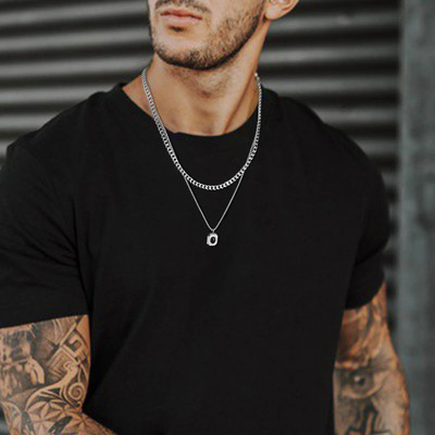 Sluoksniuoti juodi kvadratiniai karoliai vyrams, papuošalai, geometrinis pakabukas, nerūdijančio plieno kubietiškos Figaro kviečių dėžutės grandinėlė, laisvalaikio apykaklė