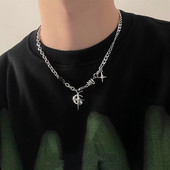 JWER New Y2K Cuban Figaro Chain Star Moon pandantiv colier bărbați punk negru zircon lanț choker colier pentru bărbați bijuterii cadouri