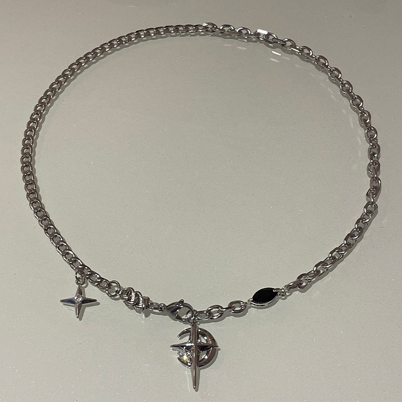 JWER New Y2K Cuban Figaro Chain Star Mėnulio pakabukas Kaklo papuošalas vyrams Punk Black Circon Chain Choker Kaklo papuošalas vyrams Papuošalai Dovanos