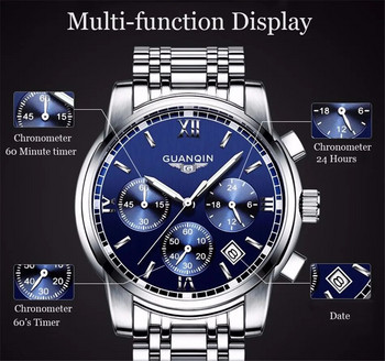 GUANQIN Марка Кварц Мъжки часовници от неръждаема стомана Сапфирено огледало Водоустойчив светещ часовник за мъже Спорт Луксозен хронограф