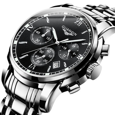 GUANQIN Kaubamärk Kvarts Roostevabast terasest Meeste käekellad Safiir peegel Veekindel helendav meestele Sport Luksuslik kronograaf
