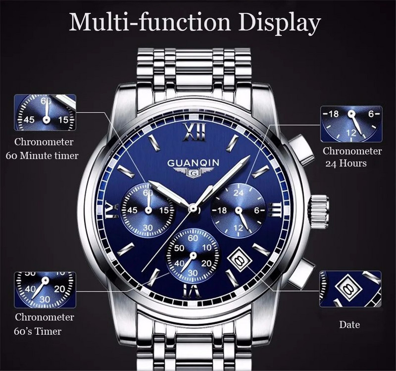 GUANQIN Kaubamärk Kvarts Roostevabast terasest Meeste käekellad Safiir peegel Veekindel helendav meestele Sport Luksuslik kronograaf