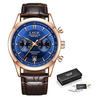 LIGE Luksuslik vabaajakell Tippbränd Ärimeeste käekellad Kuupäevkell Veekindel nahkkleit Meeste käekell Kingitus Montre Homme