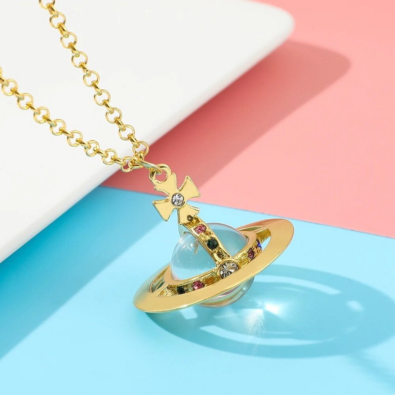 Krištolinis apvalus Saturno pakabukas karoliai aukso sidabro spalvos mamai žmonai merginai Valentino dienos gimtadienio jubiliejaus juvelyriniai dirbiniai