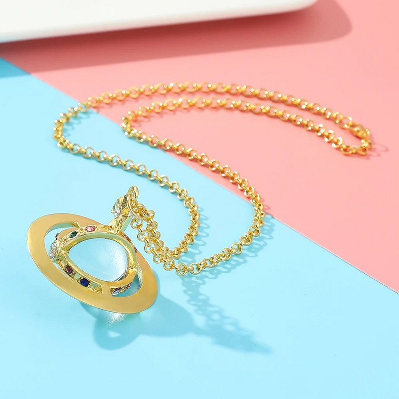 Krištolinis apvalus Saturno pakabukas karoliai aukso sidabro spalvos mamai žmonai merginai Valentino dienos gimtadienio jubiliejaus juvelyriniai dirbiniai