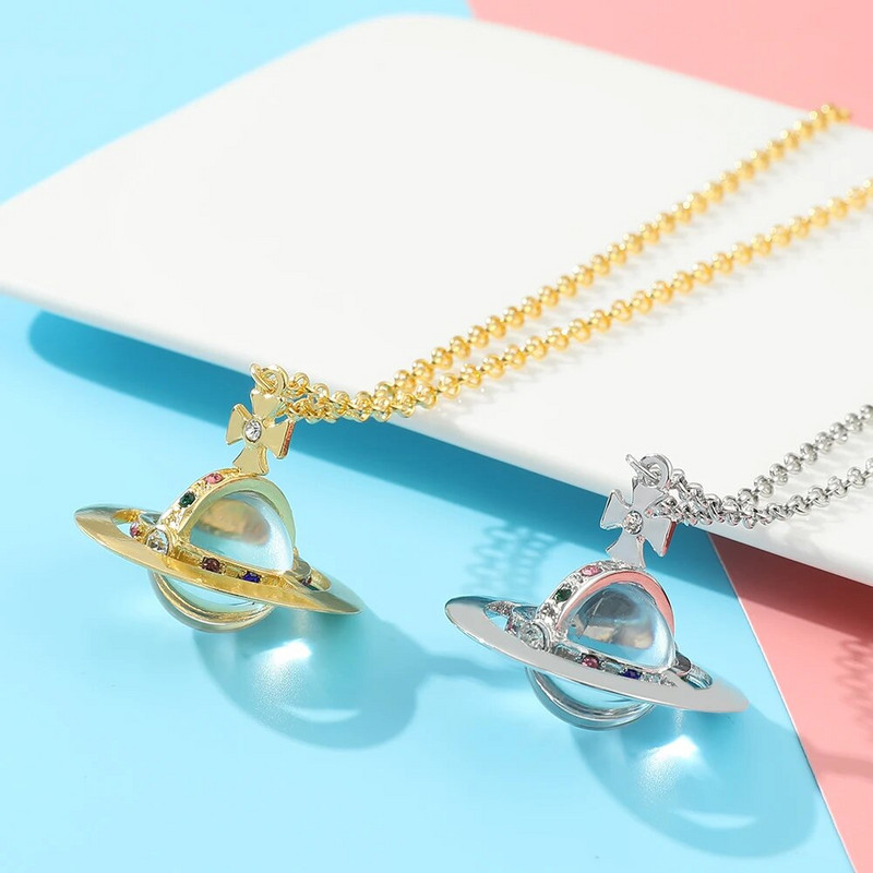 Krištolinis apvalus Saturno pakabukas karoliai aukso sidabro spalvos mamai žmonai merginai Valentino dienos gimtadienio jubiliejaus juvelyriniai dirbiniai