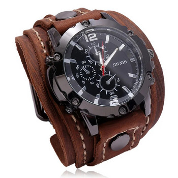 Мъжки кварцови часовници Луксозен ръчен часовник с каишка за часовник от телешка кожа Часовник в пънк стил за мъже, широки гривни от естествена кожа