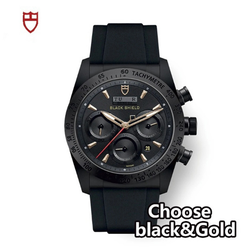 Tu-dor luksusbrändi meeste kvartskellad vabaaja must kilbi seeria multifunktsionaalne kronograafi nahkrihm, mood äristiil