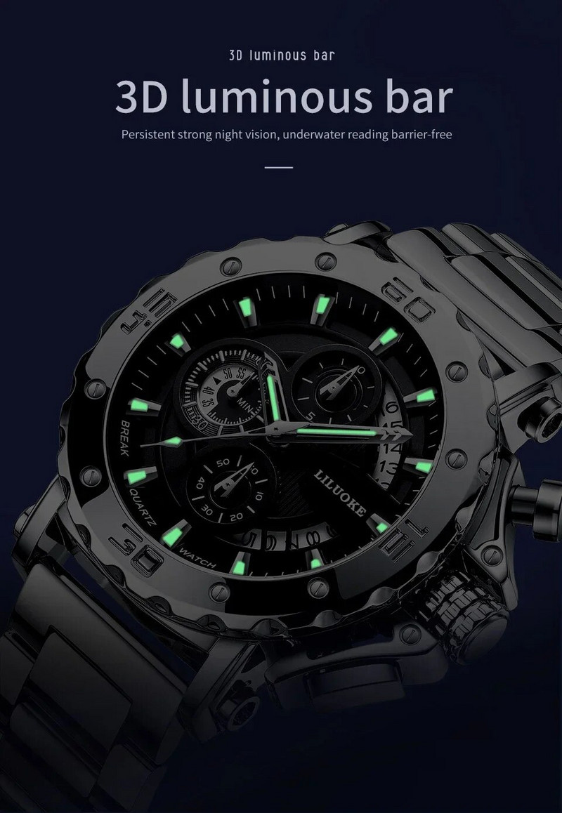 Αθλητικό ρολόι για άνδρες Πολυτελές Φωτεινό Ημερολόγιο Χαλαζία Ρολόγια Χαλαζίας Ανδρικά Αδιάβροχα Ρολόγια Ατσάλινη Θήκη Ανδρικό Μόδα Ρολόγια χειρός