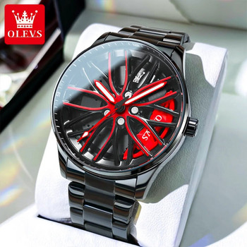 OLEVS Мъжки кварцов часовник Car Wheel Hub Hub Dial Мъжки ръчен часовник Cool Man Black Red Водоустойчиви часовници Full Steel Relogio Masculino