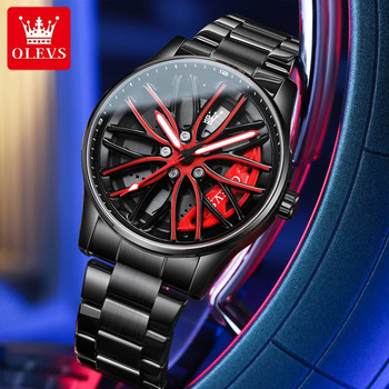 Ανδρικό ρολόι χαλαζία OLEVS με πλήμνη τροχού αυτοκινήτου Ανδρικό ρολόι χειρός Cool Man Μαύρο Κόκκινο Αδιάβροχα Ρολόγια Full Steel Relogio Masculino
