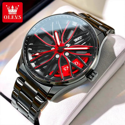 OLEVS Muški kvarcni sat Car Wheel Hub Hub Dial Muški ručni sat Cool Man Black Red Vodootporni satovi Full Steel Relogio Masculino