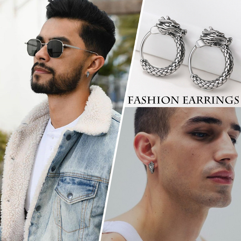 Vnox Retro Dragon Head Huggie, vanaaegsed roostevabast terasest meeste kõrvarõngad, lahedad traditsioonilised Hiina Lucky Almut Boy ehted