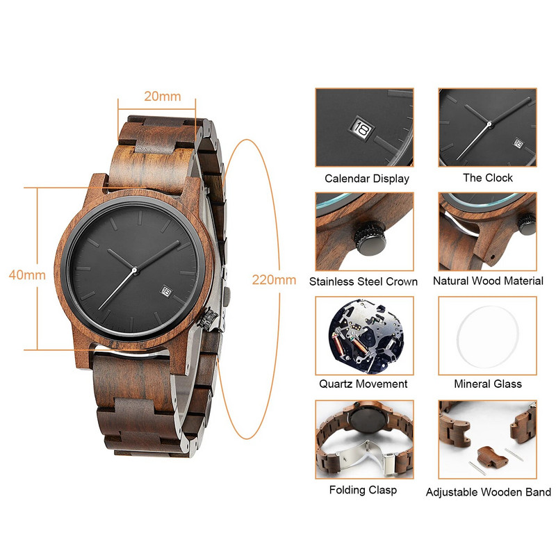 TJW9017 WATCH Τραπέζι ρολογιών μόδας πολλαπλών λειτουργιών Απλά Ρολόγια από καθαρό ξύλο Military Movement Ρολόι χαλαζία