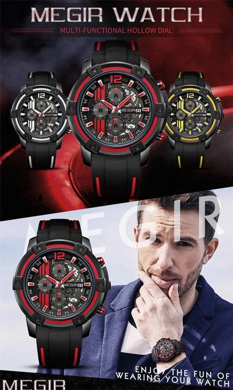 MEGIR meeste käekellad parima kaubamärgiga luksuskalender kronograaf veekindel sport meeskell kummist sõjaväe armee mehe käekell, kingitus 2097