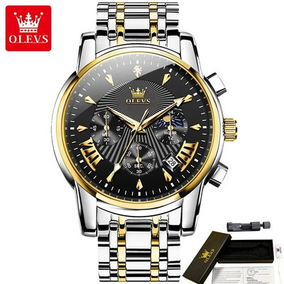 OLEVS 2892 daugiafunkciniai vandeniui atsparūs vyriški laikrodžiai, nerūdijančio plieno dirželiai, kvarciniai mados vyriški rankiniai laikrodžiai Moon Phase