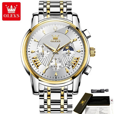 OLEVS 2892 daugiafunkciniai vandeniui atsparūs vyriški laikrodžiai, nerūdijančio plieno dirželiai, kvarciniai mados vyriški rankiniai laikrodžiai Moon Phase