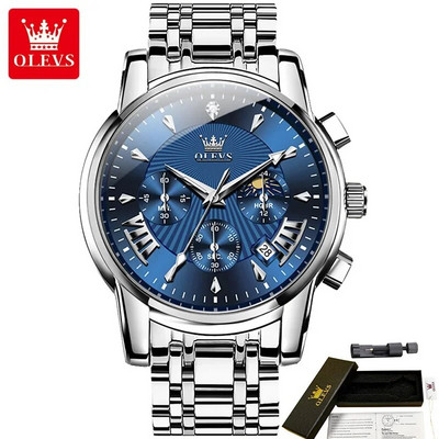 OLEVS 2892 daugiafunkciniai vandeniui atsparūs vyriški laikrodžiai, nerūdijančio plieno dirželiai, kvarciniai mados vyriški rankiniai laikrodžiai Moon Phase