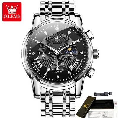 OLEVS 2892 daugiafunkciniai vandeniui atsparūs vyriški laikrodžiai, nerūdijančio plieno dirželiai, kvarciniai mados vyriški rankiniai laikrodžiai Moon Phase