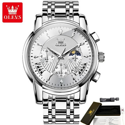 OLEVS 2892 daugiafunkciniai vandeniui atsparūs vyriški laikrodžiai, nerūdijančio plieno dirželiai, kvarciniai mados vyriški rankiniai laikrodžiai Moon Phase